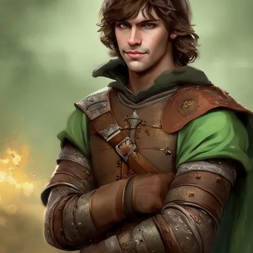 Prompt: fantasy handsome brunette peasant, leather wrist cuffs
light brown hair
green eyes
mischievous smirk
medieval epic painting
