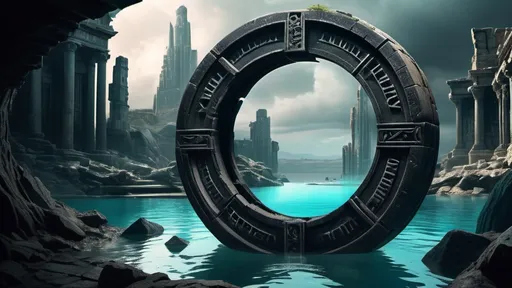 Prompt: magical portal between cities realms worlds kingdoms, circular portal, ring standing on edge, upright ring, freestanding ring, hieroglyphs on ring, broken ring, ruins, crumbling pillars, broken archways, ancient roman architecture, underwater environment, panoramic view, futuristic cyberpunk tech-noir setting