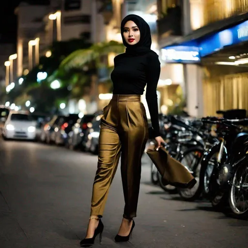 Prompt: full body, pretty slim Indonesian woman, 25 year old, (round face, high cheekbones, almond-shaped brown eyes, epicanthic fold, small delicate nose), ((gold and black hijab)), tight black turtleneck, high-waisted long trousers, busy Jakarta street at night, high fashion photography, action pose, by Alphonse Mucha