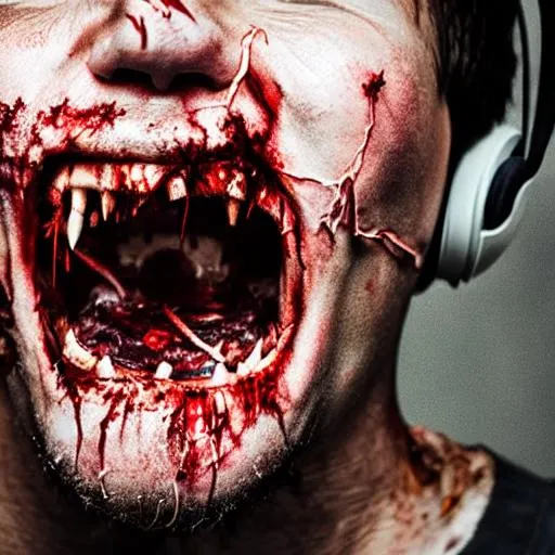 Prompt: Half eaten zombie screaming with headphone, horror, ultrarealistic, scary, 4k, award winning photo
