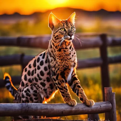 Prompt: Vibrant, colorful gif of a savannah cat, summer evening, sunset colors, jumping over a rustic fence, detailed fur with warm reflections, lively and energetic motion, high definition, dynamic, gif, savannah cat, colorful, vibrant, sunset colors, detailed fur, energetic motion, rustic fence, high quality