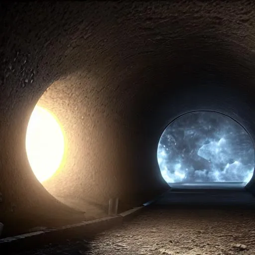 Prompt: a dark tunnel filled with clouds near the sun and stars, ominous, unreal engine render, trending on artstation, —aspect 5:7