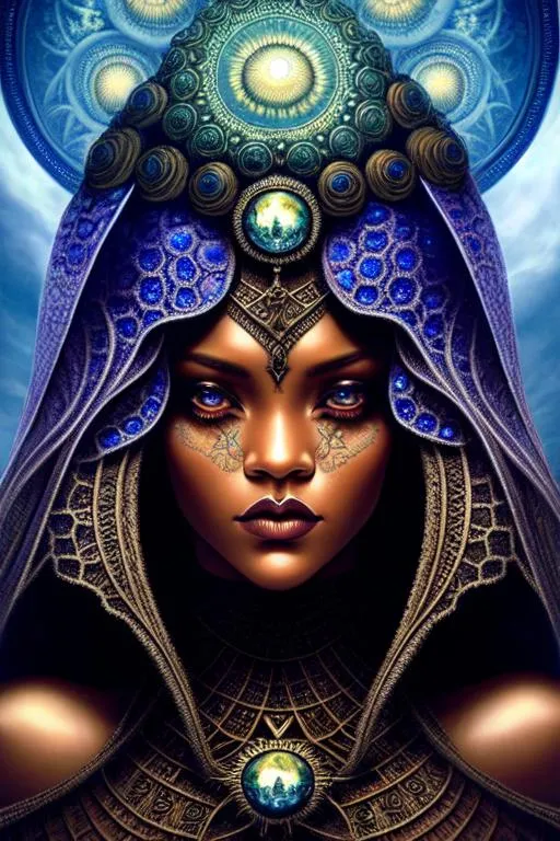 Prompt: Symmetrical + ((rihanna)) + middle close up + evil + lace + gothic + occult + dangerous + goddess of death + skulls + dark magical symbolism + high detail + hyperdetailed + elegant + intricate+ frightening + Magic mushroom people in the style of H.R. Giger,alex grey