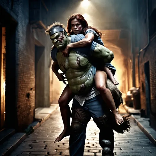 Prompt: ogre carrying a woman on his back to safety, realistic skin texture, professional, highres, detailed, dramatic, rescue, urban, intense lighting, atmospheric