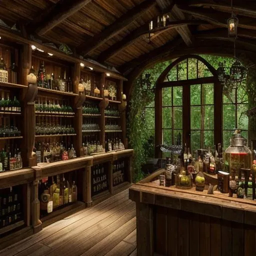 Prompt: beautiful potion shop in a lush forest, dark, alchemy, glass bottles, highly detailed, 4k realistic, cryengine