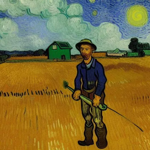 Prompt: a young farmer,  standing in front of the barn, with shovel, the sun is rising behind the barn, next to wheat field, van gogh