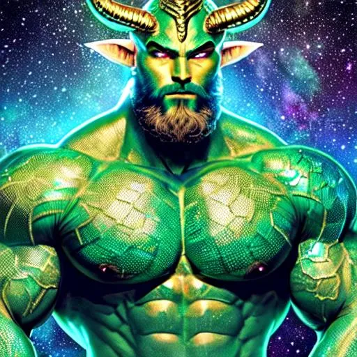 Prompt: hyper-muscular super handsome, full body image, golden-green alien male god, scaly reptilian skin, iridescent colored scales, blonde hair and beard, realistic, accurate fine facial features, dynamic, defined, confirmed, conformed, fabulous, gorgeous, cropped beard, black steer-like horns at temples, bald head, wearing a pair of teal blue speedo swim briefs that are bulging in front, standing on a white sand beach in Hawaii at dusk