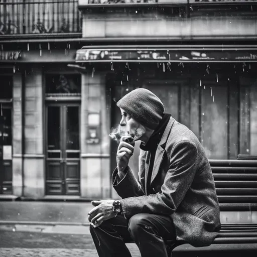 Prompt: Man smoking on bench on a Parisian street is raining and Parisian style buildings on the background