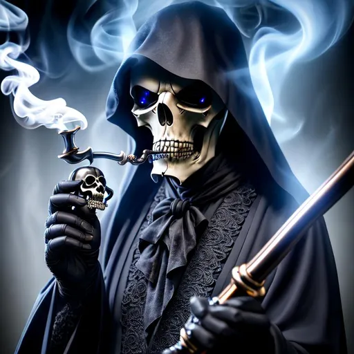 Prompt: Reaper smoking souls from a smoking pipe, Highly Detailed, Hyperrealistic, sharp focus, Professional, UHD, HDR, 8K, Render, blue smoke, souls, smoking, reaper, scythe, dark background, 