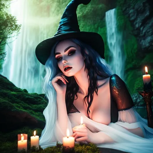 Prompt: Close-up of a witch. Sensual. Lying down. Green eyes. Red hair. Candles. Transparent white dress. Sensual ritual. Cave. Waterfall. Misty. 3dstudio. Hyperralistic 