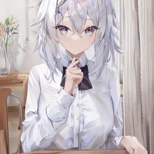 Aestetic cute girl on a table white hair | OpenArt