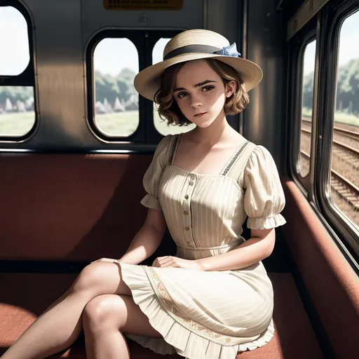 Prompt: old time photo of young emma Watson, dressed with 1920s very short hair, wearing a summer hat, long, flowing, spring dress, sitting on train, raw photo, photorealistic, High Detail, dramatic, UHD, HDR raw photo, realistic, sharp focus, 8K high definition, insanely detailed, intricate, high quality, 