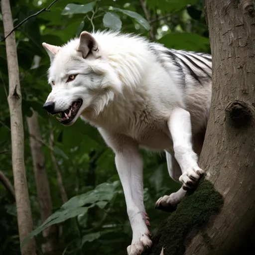 Prompt: low angle, 1wolf, white fur, albino, black stripes, growling, climbing a tree, jungle, big