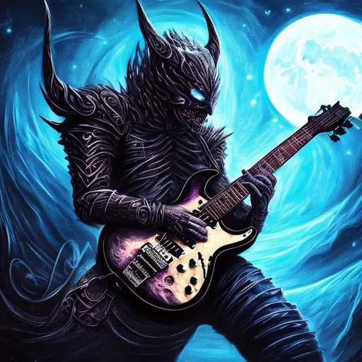 Prompt: Guitar Demon, Painting, draw, Beautiful, freeform dark chaos epic bold, HD, the moon