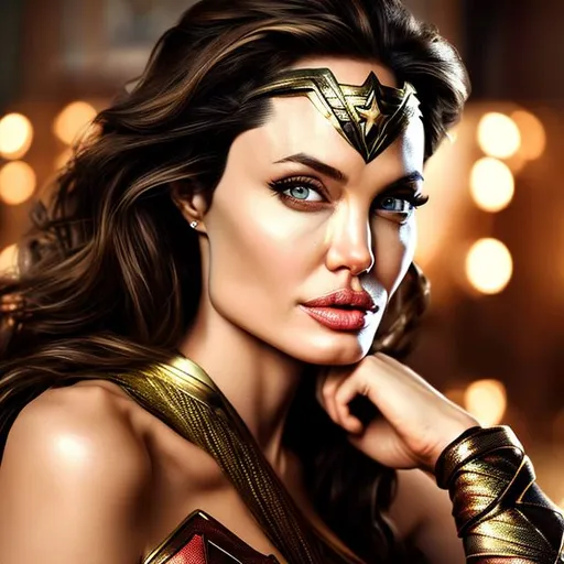 Prompt: Angelina Jolie as wonder woman, beautiful photograph of most beautiful fictional, extremely, detailed environment, detailed background, intricate, detailed skin, natural colors , professionally color graded, photorealism, 8k, moody lighting.