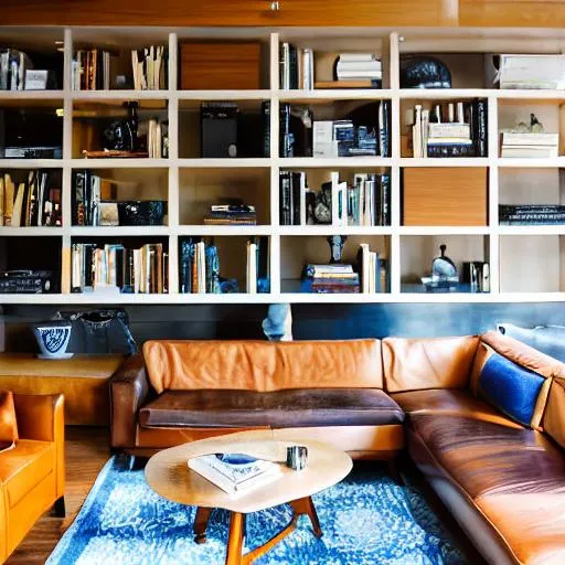 Prompt: Editorial Style Photo, Eye Level, Modern, Living Room, Fireplace, Leather and Wood, Built-in Shelves, Neutral with pops of blue, West Elm, Natural Light, New York City, Afternoon, Cozy, Art Deco --ar 16:9 --seed 420