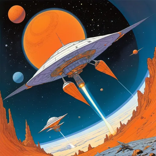Prompt: Illustration in style of Moebius, Jean Giraud, a space battle between bird like starships with a orange gas giant in the background to the right, as seen from space
