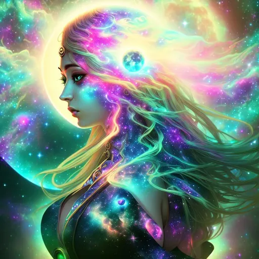 Prompt: Cosmic, Nebula, dramatic cinematic, 3D, HD, {Female}Goddess, expansive psychedelic background, full-moon, hyper realistic, 4K --s98500