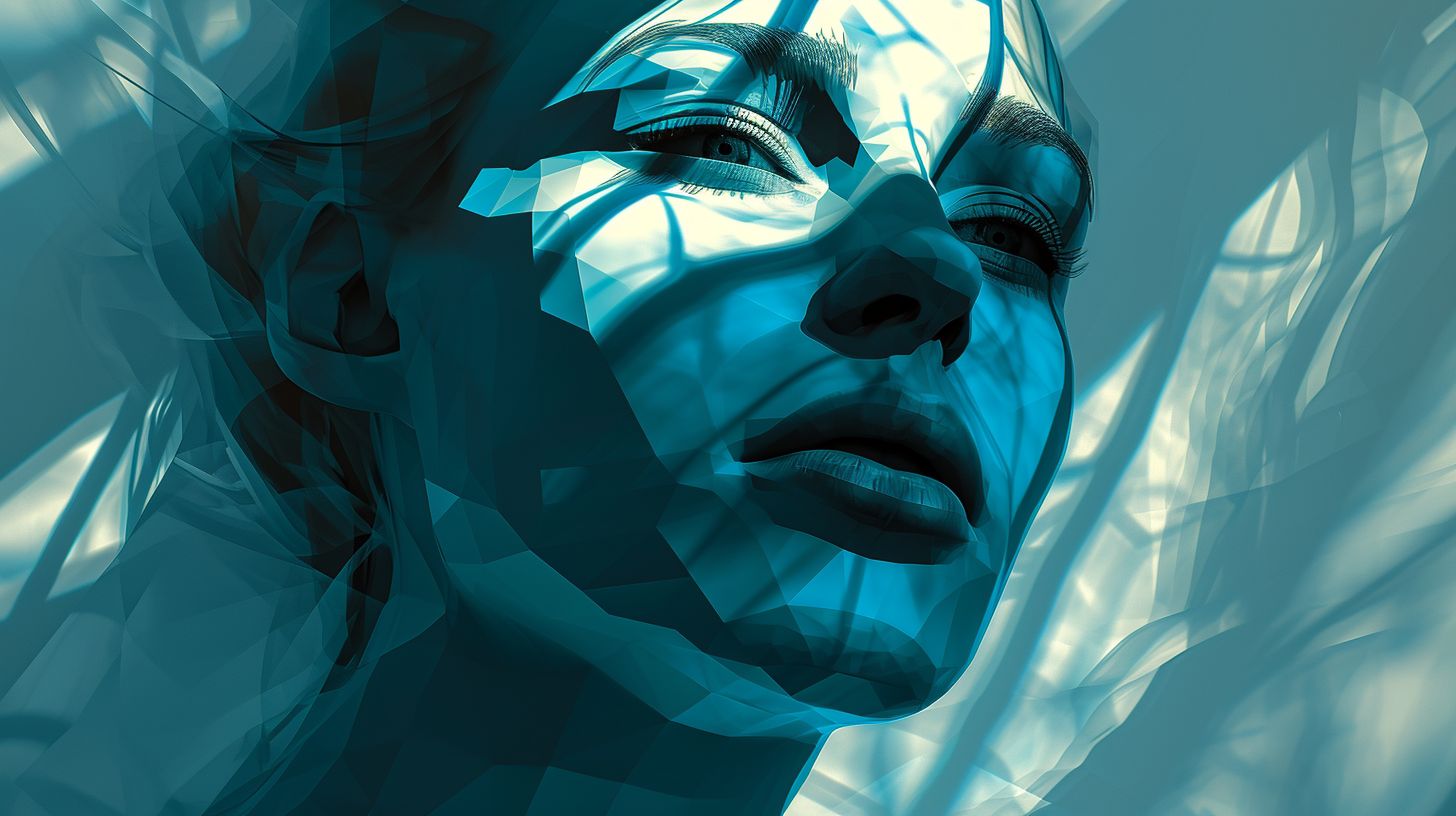 Prompt: digital art the world s most famous digital artist, in the style of geometric surrealism, airbrush art, serene faces, grid, dark cyan and white, bold shadows, feminine imagery --ar 16:9 --v 6