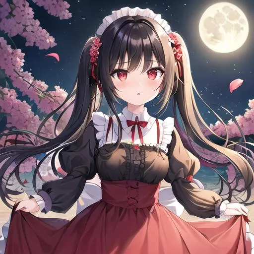 Prompt: (masterpiece, best quality:1.2), illustration, absurdres, highres, extremely detailed, 1 girl, black long hair, pigtail, red eyes, eye highlights, look mean, dress, short puffy sleeves, frills, outdoors, flower, fluttering petals, upper body, (moon:1.2), night, depth of field, (:d:0.8), chromatic aberration abuse,pastel color, Depth of field,garden of the sun,shiny,red tint,(Red fog:1.3)