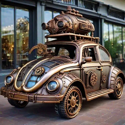 Prompt: A VW beetle made out of glass and cast iron, steampunk
