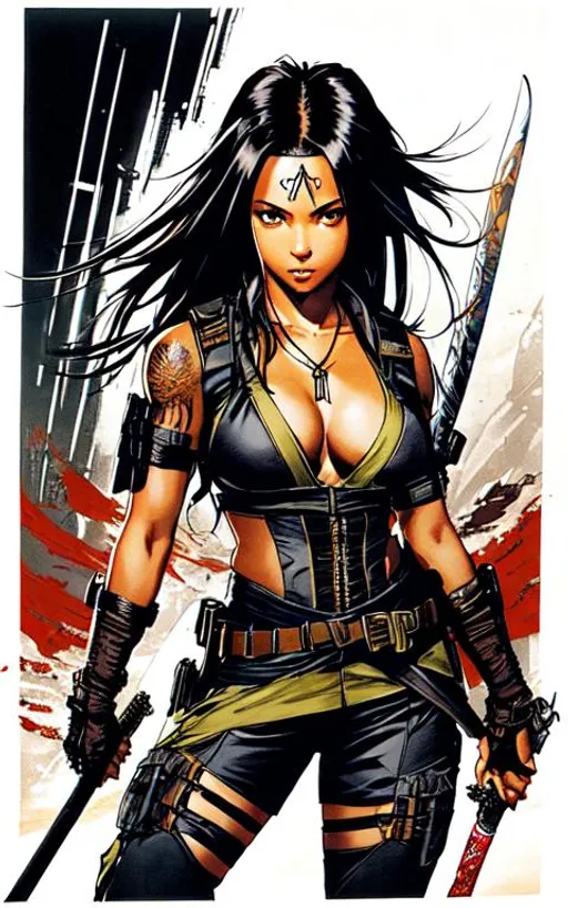 Prompt: (((Yoji Shinkawa))), sticker of ultra detailed portrait of Aaliyah Dana Haughton in black shinobi outfit holding sheathed katana, high quality cell shaded illustration in post apocalyptic style by Yoji Shinkawa, ((full body)), dynamic pose, perfect anatomy, centered, freedom, soul, black long hair, approach to perfection, cell shading, 4k , cinematic dramatic atmosphere, watercolor painting, global illumination, detailed and intricate environment, artstation, concept art, fluid and sharp focus, volumetric lighting, cinematic lighting, Art by Yoji Shinkawa,