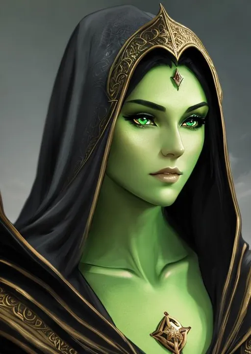 Prompt: A beautiful sorcer from the D&D Circle of Stars, perfec eyes, full body character portrait, dark fantasy, detailed realistic face, digital portrait, fiverr dnd character, beautiful dragonborn, green skin, wearing cloak.