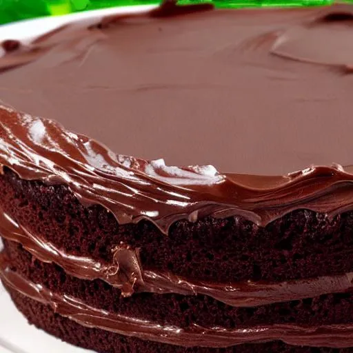 Prompt: A big chocolate cake with icing on a plate full cake high resolution realistic

