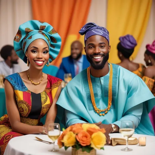 Prompt: create an image of a handsome black man with a beard, well dress in African garment, wearing an agbada, athletic built, with his African girlfriend, dressed in a flirty African dress with Gele head wrap, sitting at an Igbo wedding table expensively decor for an African wedding. People in the background dancing, and laughing