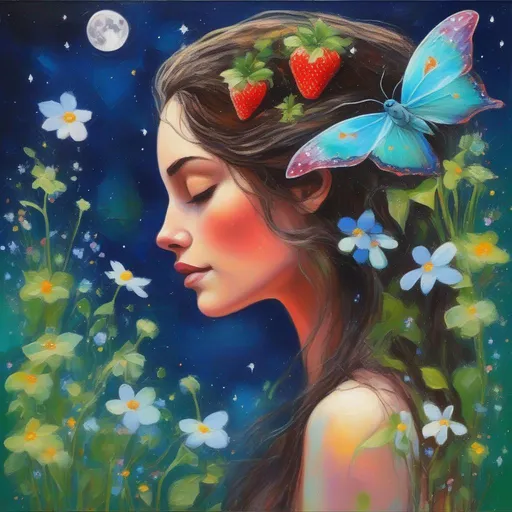 Prompt: A profile beautiful and colourful picture of Persephone with brunette hair with sparkles in it, and with light freckles, is surrounded by a green Luna Moth, forget-me-not flowers, Baby's Breath flowers, a chickadee bird, animals and strawberry plants, framed by the moon and constilations, in an impressionistic colourful acrylic palette knife style.