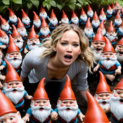 Prompt: Jennifer Lawrence being tackled by hundreds of garden gnomes, terrified, screaming