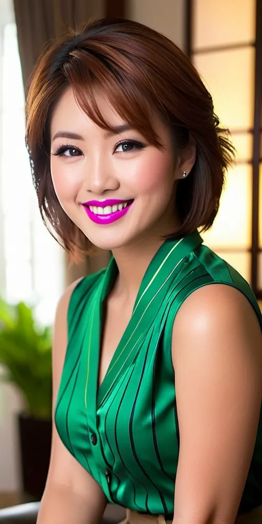 Prompt: Beautiful buxom Japanese woman age 21, intricate facial details, short auburn hair, blue-eyed, light makeup, fuchsia lipstick, prominent cheekbones, green blouse, khaki pencil skirt with pinstripes, black heels with tassels, buxom figure:2.0, smiling, modern living room, 8K photo, realistic full body shot, detailed features, professional, warm lighting