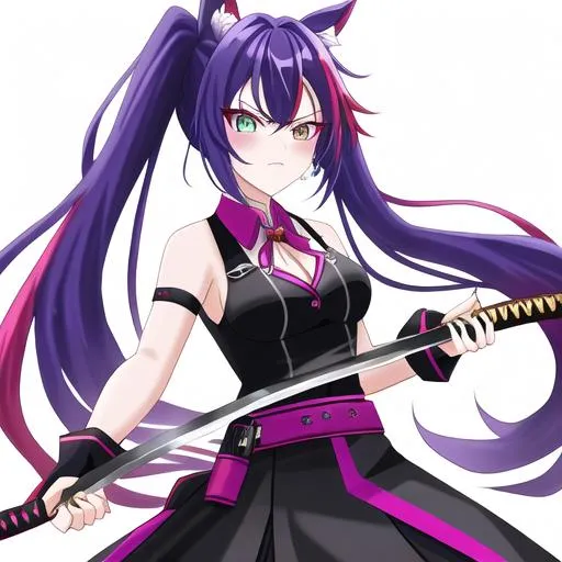 Prompt: Haley  as a demon (multi-color hair) (multi-color eyes)(she has horse ears) holding a katana, fighting, with an angry look on her face