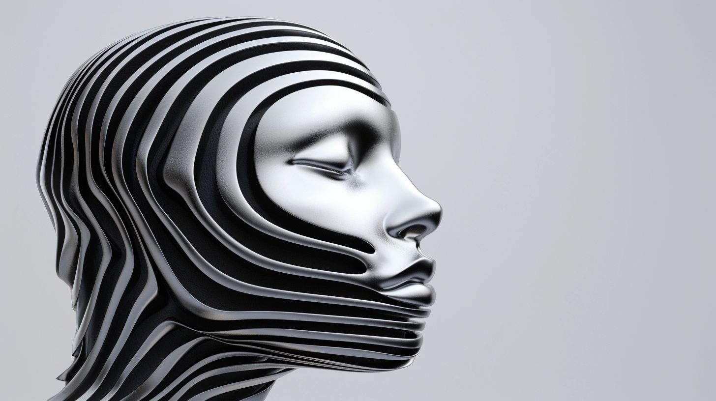 Prompt: Close-up of a female head with flowing, striped hair, rendered in the style of abstraction-création. The hair is made of smooth, liquid metal, reminiscent of the works of Zaha Hadid. Render in stunning 8k 3D detail, with a focus on the figura serpentinata form.