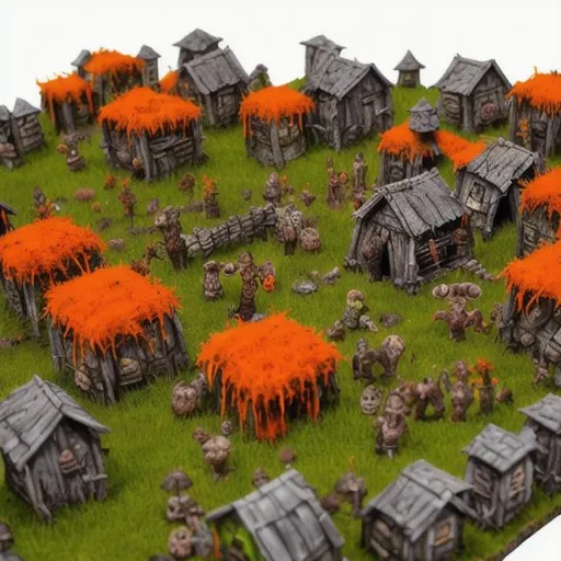 Prompt: Gnoll Zombie village covered in orange moss