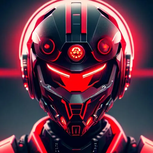 Prompt: Mechanical gears helmet fantasy art robot ninja, cyberpunk, dark neon style, dramatic, highly detailed, trending on artstation, cinematic view, beautiful composition, blood red ambient light, smog, phenomenal photography, wide angle, 8k, epic, photorealism, ray tracing, sharp focus, depth of field, avatars
