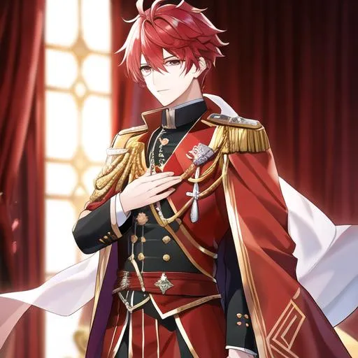 Prompt: Zerif male (Red half-shaved hair covering his right eye) 4k, wearing a royal uniform, hand over his chest bowing