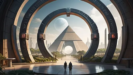 Prompt: human-scale circular portal, gateway between cities realms worlds kingdoms, ring standing on edge, freestanding ring, hieroglyphs on ring, complete ring, obelisks, pyramids, futuristic towers, garden plaza, large wide-open city plaza, off-center composition, wide vista view, futuristic cyberpunk dystopian setting