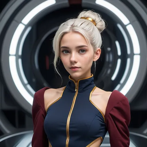 Prompt: full body 18-years-old Austrian girl in the Star Wars universe, Futuristic Sci-fi, white hair in a intricate bun, detailed face, homely, youthful, petite, elegant skin tight navy blue dress, gold and burgundy accent colors, high collar, exposed shoulders, long draping sleeves, textured fabric, detailed eyes, highres, Star Wars, sci-fi, elongated circular lights, exposed chest, professional, dramatic lighting, royal pose
