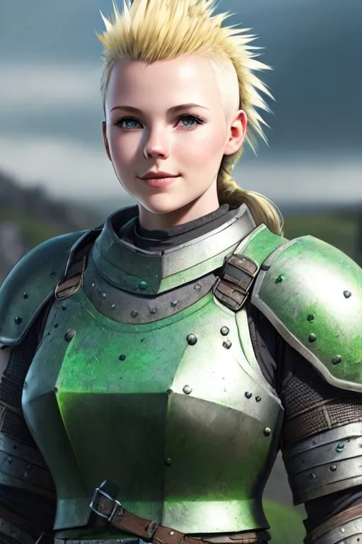 Prompt: Digital art, 18-year-old woman viking, 10th century gear, dirty blonde hair thick and unkept shaved into a mohawk, subtle smile, green gear, blue armor, grey eyes, unreal engine 8k octane, 3d lighting, full body, full armor