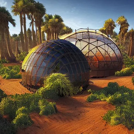 Prompt: epic spherical greenhouses on a desert planet, photorealistic
