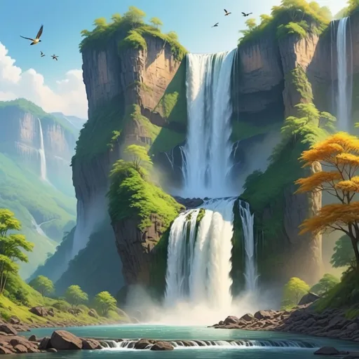 Prompt: attractive waterfalls from the spectacular mountains with wonderful birds presence 