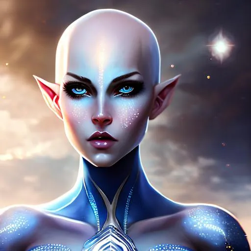 Prompt: white, bald, almost clear creature, large glowing blue eyes, angelic face, long body, longing stare, muscular body, elf ears, gorgeous woman, feminine face, beautiful world background, intense details, fantasy art, UHD, 64k resolution, background UHD, character view of whole body, black freckles on body, high resolution, sharp focus, details sharp and in focus