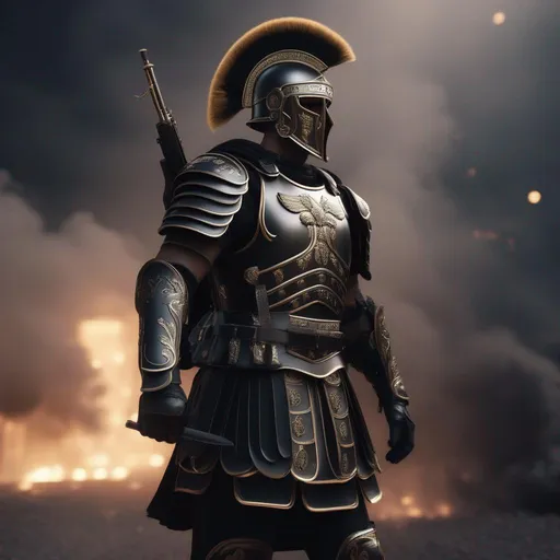 Prompt: a modern roman military male in black military armor galea helmet of roman armor, with a gunfire and gas mask, marching, Hyperrealistic, sharp focus, Professional, UHD, HDR, 8K, Render, electronic, nervous vibe, loud, tension, dark, Epic