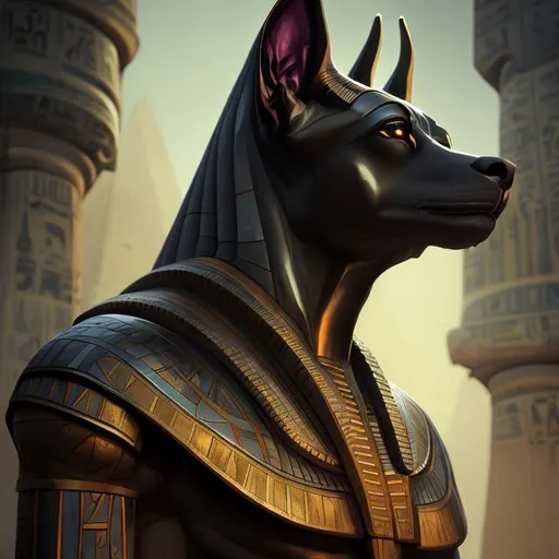 Prompt: Anubis, anchient egyptian god, the figure of a man with the head of a dobermann dog, two symmereical eyes, character concept art, perfect head and face, muscular body, dark and mystic background, ancient egyptian inscriptions at the background, hyperrealistic, by artstation, unreal engine render, 8K --ar 2:3 --uplight