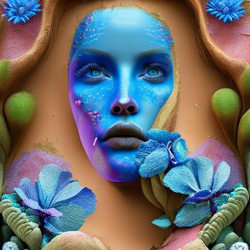 Prompt: landscape of Sand Queen, full lips, blue eyes, flowers, cactus, crisp, Outback, gilded, intricate, flowing, 
led, hyper-detailed, 64K, UHD, HDR, unreal engine, vivid colors