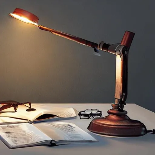 Prompt: Create an atmospheric artwork that depicts a dimly lit room with a cluttered desk covered in detective paraphernalia such as magnifying glasses, case files, and a flickering desk lamp.