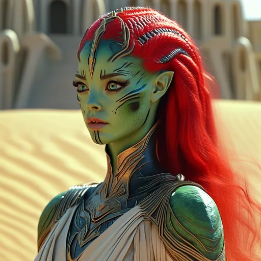 Prompt: 185 cm, 80 kg, a beautifull hybrid of an earth and alien woman,  light green skin, flowing blonde red hair, and large full black eyes, in , standing confidently on arakis , dune planet, adding luxury begetation, imperial palace, realistic , highly detailed, sharp focus, realistic, imperial dressed