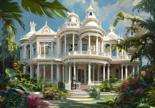 Prompt: White futuristic mansion in Victorian style with lot of plants and one blonde woman with long dress realistic oil paint 