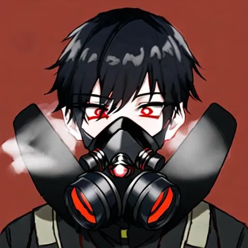 Prompt: Pyro  (black hair) (red eyes) wearing a dual respirator gas mask, 